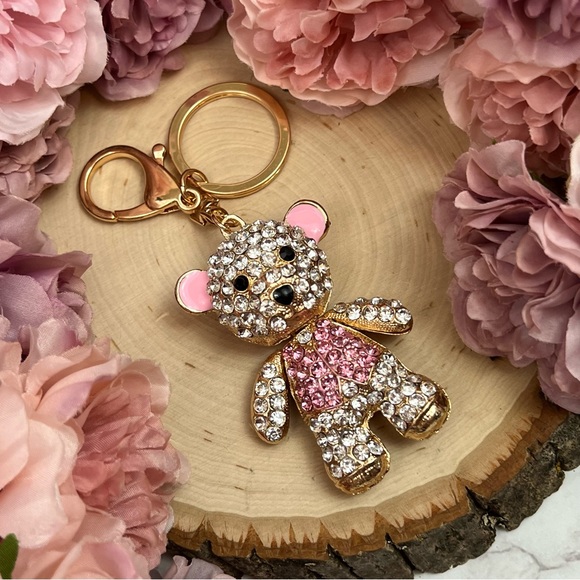Pink and Silver Crystal Teddy Bear Keychain Charm - Picture 7 of 13
